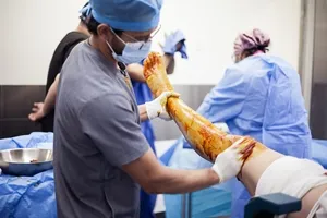 Procedimiento quirúrgico ortopédico realizado por el Dr. Alfonso García Solorio con equipo médico, enfocado en la pierna de un paciente.